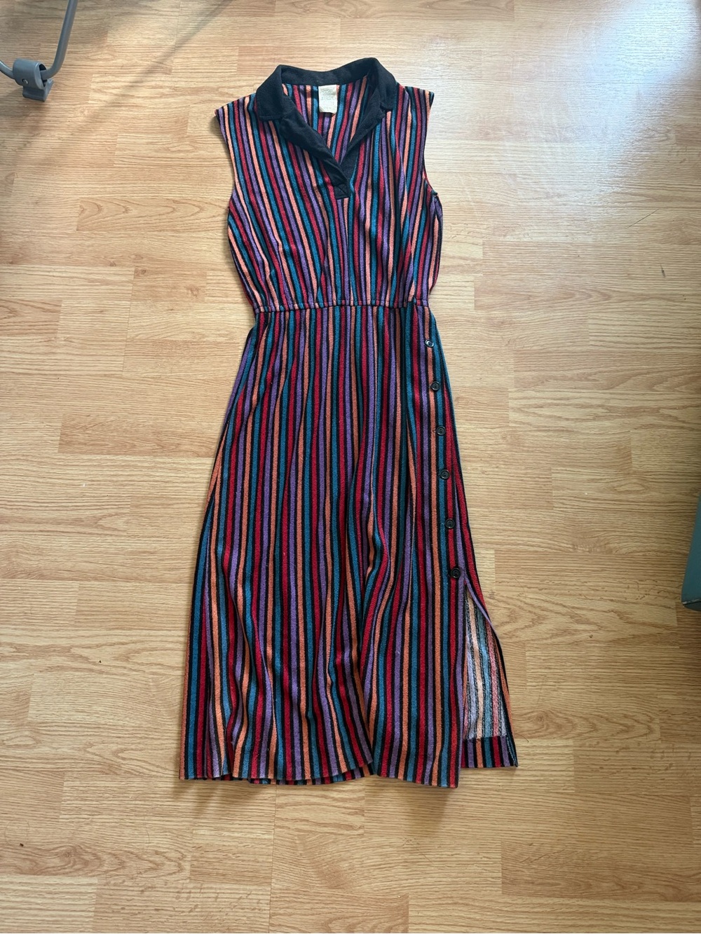 Vintage 70s Rainbow Striped Terry Cloth Polo Midi Dress Cover Up XS
